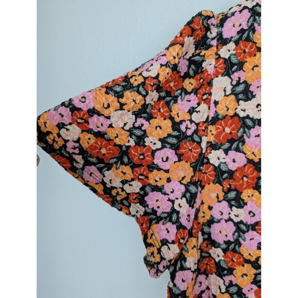 LOFT Shirt Womens XL Black Orange Pink Floral Short Sleeve Button Tie Front Top - Picture 4 of 8